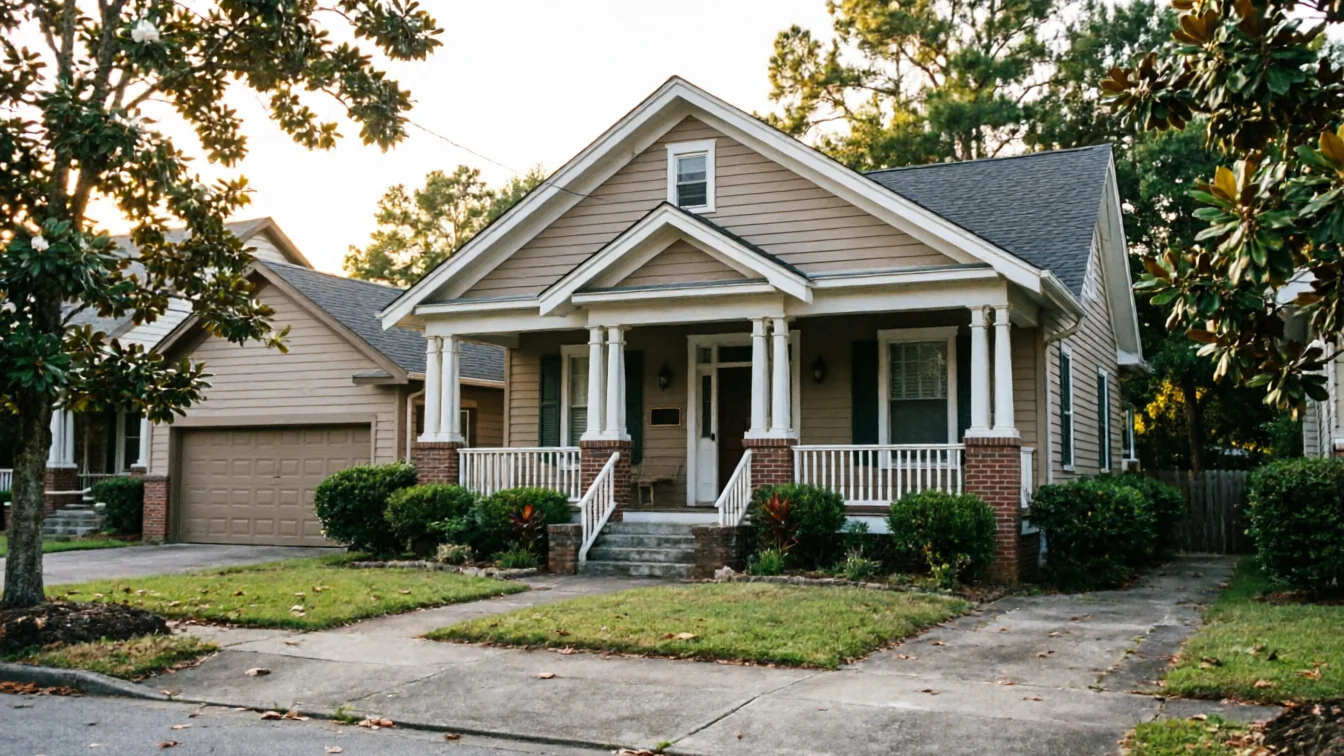 A tan house with a front porch and a brown garage door is visible.