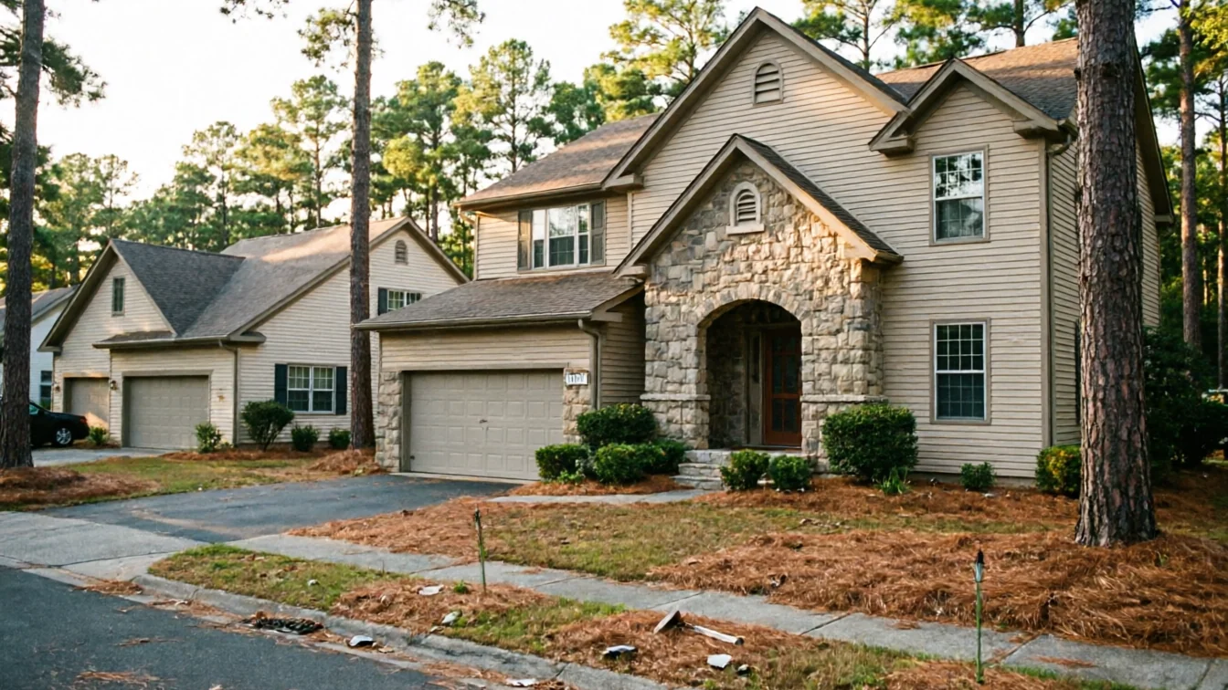 Three houses with attached garages line a street with pine trees.