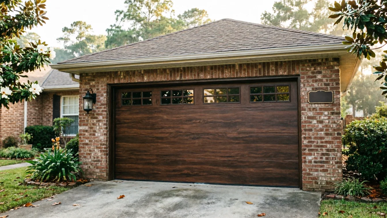 A brown garage door with windows is on a brick house.
