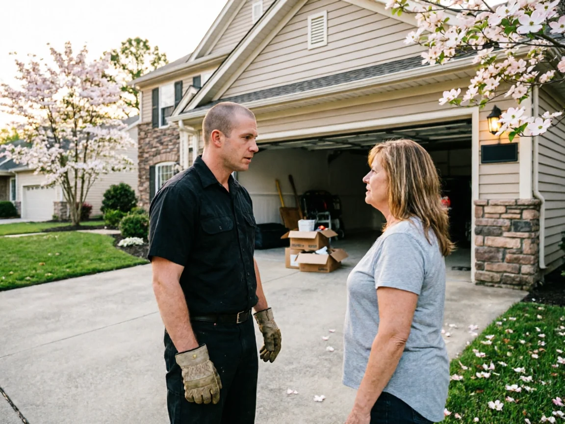 A technician in work gloves talks to a woman in a driveway in front of a house.
