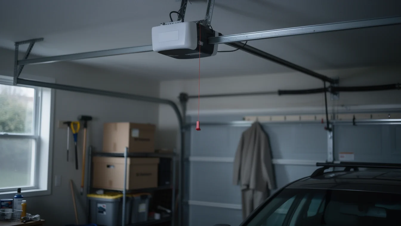 A garage door opener is mounted to the ceiling with a red emergency release cord.